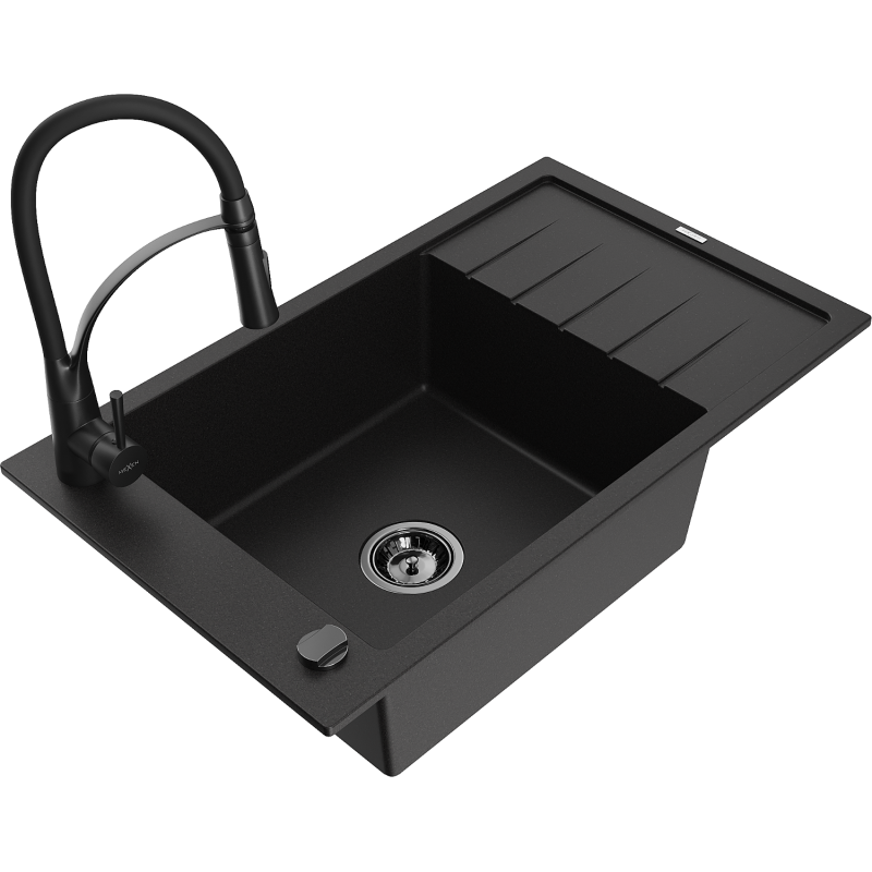 Mexen Elias 1-compartment granite sink with a drip tray and kitchen mixer tap Aster, Black - 6511-77-73450-70-B
