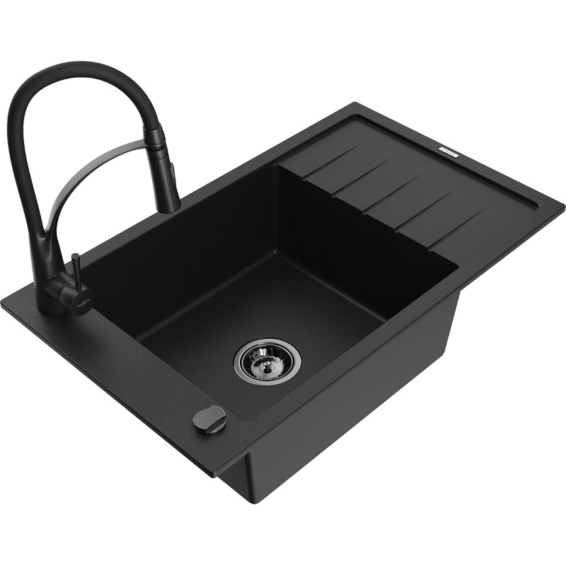 Mexen Elias granite kitchen sink 1-bowl with drainer and kitchen faucet Aster, black - 6511-77-73450-70-B
