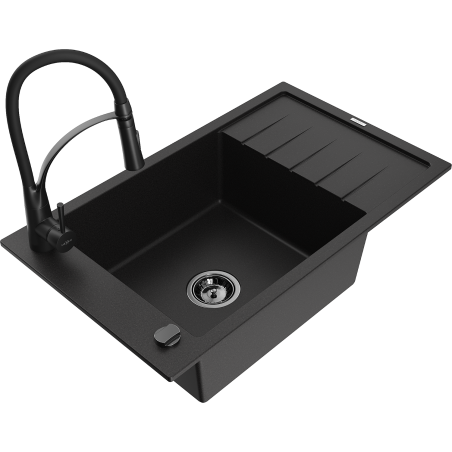 Mexen Elias single-bowl granite sink with drainer and Aster kitchen tap, black - 6511-77-73450-70-B