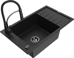 Mexen Elias 1-compartment granite sink with a drip tray and kitchen mixer tap Aster, Black - 6511-77-73450-70-B
