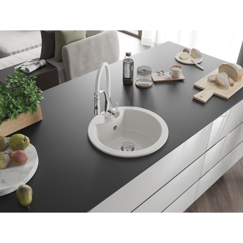 Mexen Diego granite kitchen sink 1-bowl with Aster kitchen faucet, white - 6512-20-73450-02