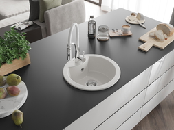 Mexen Diego 1-compartment granite sink with a kitchen mixer tap Aster, White - 6512-20-73450-02