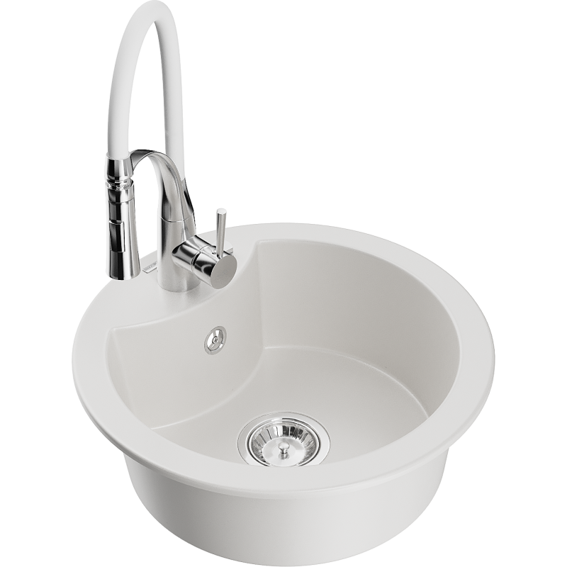Mexen Diego 1-compartment granite sink with a kitchen mixer tap Aster, White - 6512-20-73450-02