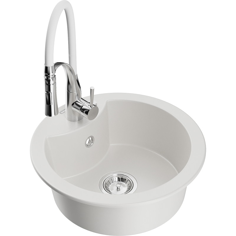 Mexen Diego granite kitchen sink 1-bowl with Aster kitchen faucet, white - 6512-20-73450-02