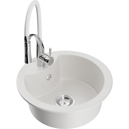 Mexen Diego granite kitchen sink 1-bowl with Aster kitchen faucet, white - 6512-20-73450-02