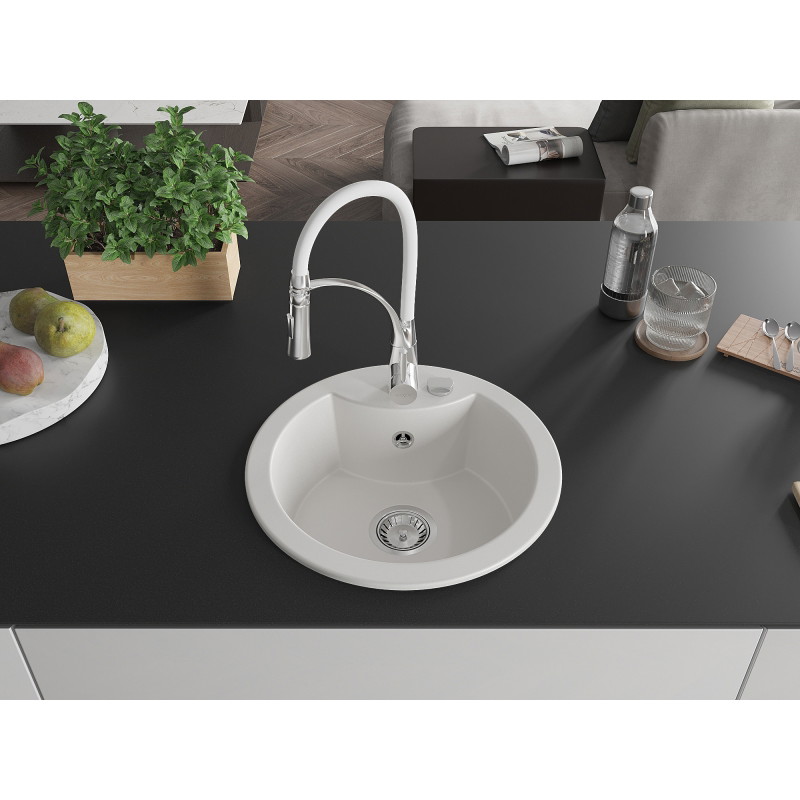 Mexen Diego granite kitchen sink 1-bowl with Aster kitchen faucet, white - 6512-20-73450-02