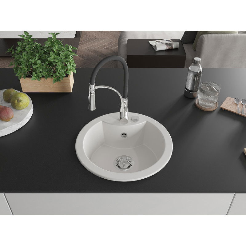 Mexen Diego 1-Bowl Granite Sink with Aster Kitchen Tap, White - 6512-20-73450-07