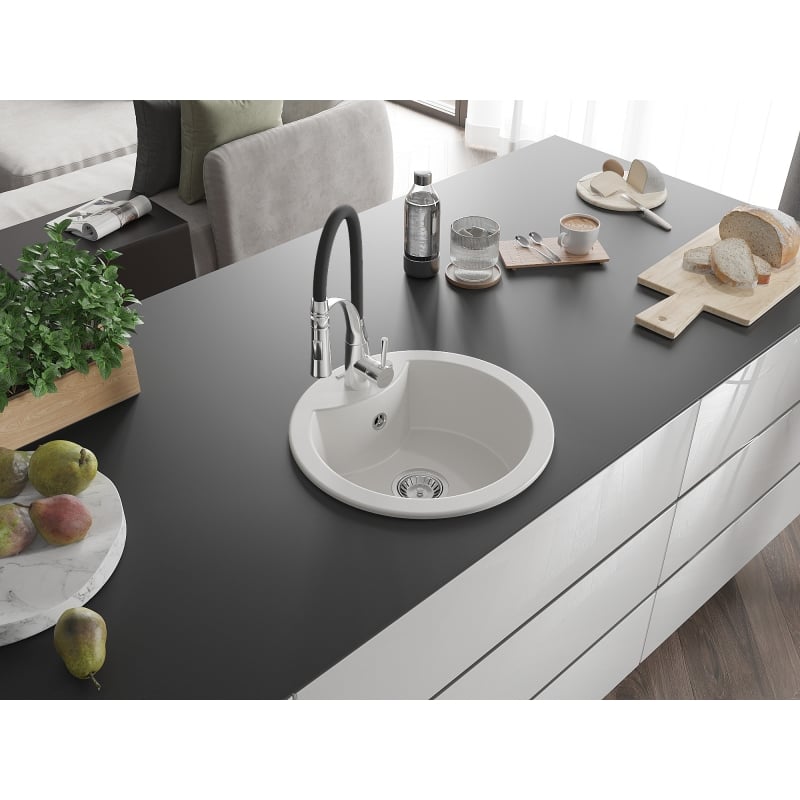 Mexen Diego 1-bowl granite sink with Aster kitchen faucet, white - 6512-20-73450-07