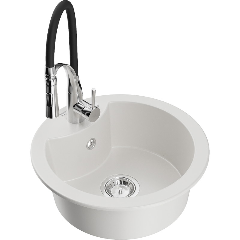 Mexen Diego 1-bowl granite sink with Aster kitchen faucet, white - 6512-20-73450-07