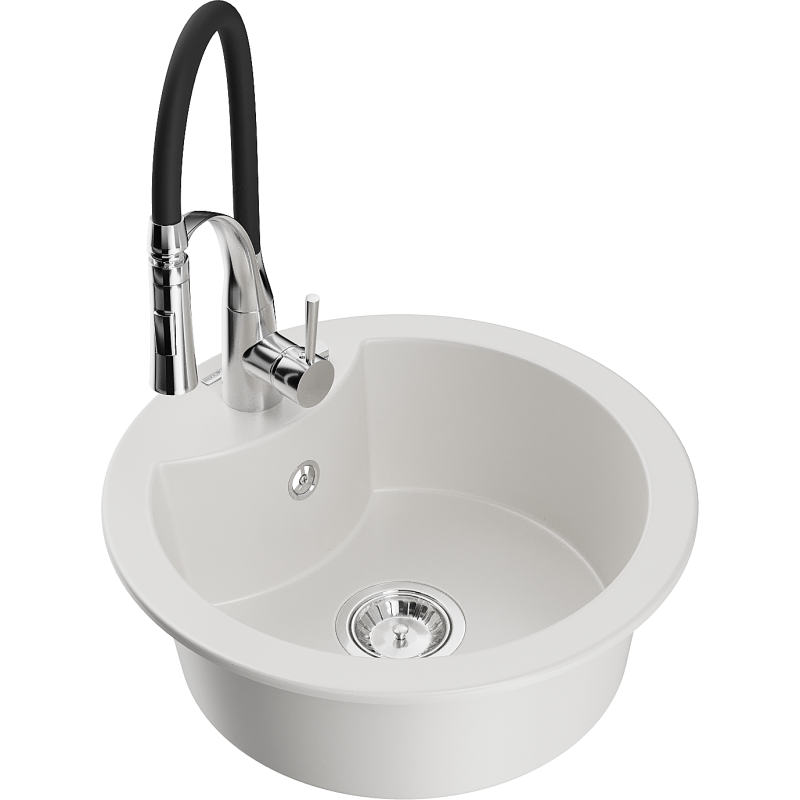Mexen Diego 1-Bowl Granite Sink with Aster Kitchen Tap, White - 6512-20-73450-07
