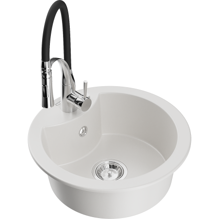 Mexen Diego 1-bowl granite sink with Aster kitchen faucet, white - 6512-20-73450-07