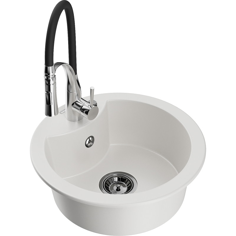 Mexen Diego 1-bowl granite sink with Aster kitchen faucet, white - 6512-20-73450-07-B