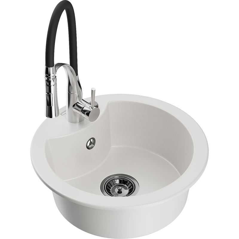 Mexen Diego 1-compartment granite sink with a kitchen mixer tap Aster, White - 6512-20-73450-07-B