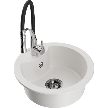 Mexen Diego granite kitchen sink 1-bowl with Aster kitchen faucet, white - 6512-20-73450-07-B