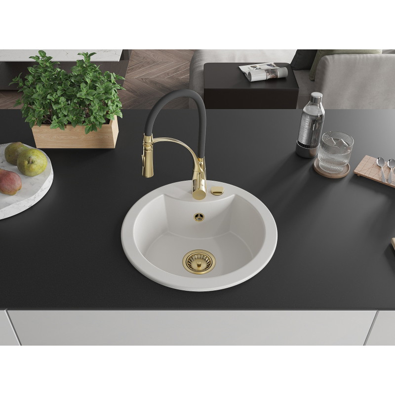 Mexen Diego 1-bowl granite sink with kitchen faucet Aster, white - 6512-20-73450-57-G