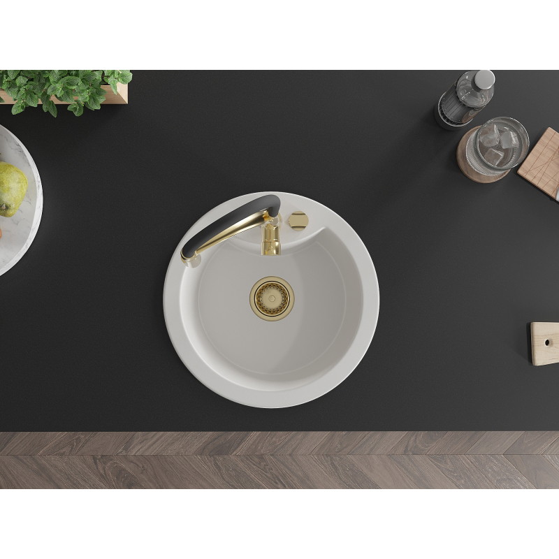 Mexen Diego granite kitchen sink 1-bowl with Aster kitchen faucet, white - 6512-20-73450-57-G