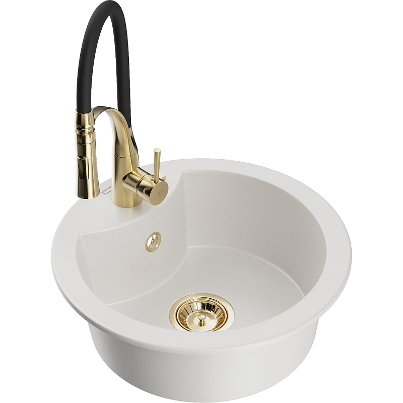 Mexen Diego 1-bowl granite sink with Aster kitchen tap, white - 6512-20-73450-57-G