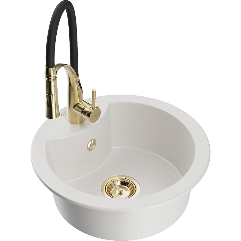 Mexen Diego granite kitchen sink 1-bowl with Aster kitchen faucet, white - 6512-20-73450-57-G