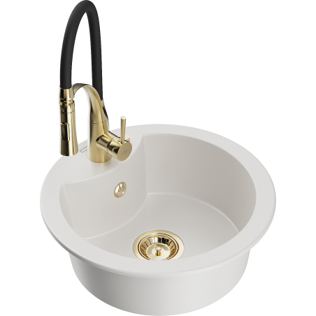 Mexen Diego 1-bowl granite sink with Aster kitchen tap, white - 6512-20-73450-57-G