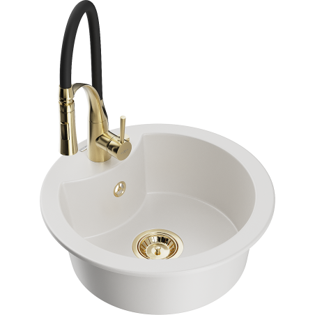 Mexen Diego granite kitchen sink 1-bowl with Aster kitchen faucet, white - 6512-20-73450-57-G