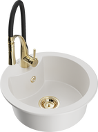 Mexen Diego granite kitchen sink 1-bowl with Aster kitchen faucet, white - 6512-20-73450-57-G