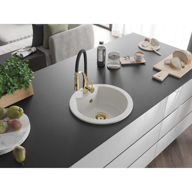 Mexen Diego 1-bowl granite sink with kitchen faucet Aster, white - 6512-20-73450-57-G
