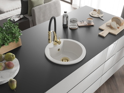 Mexen Diego granite kitchen sink 1-bowl with Aster kitchen faucet, white - 6512-20-73450-57-G