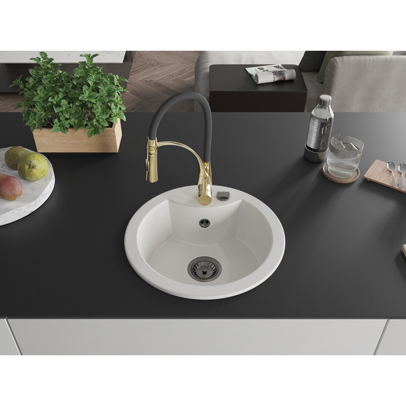Mexen Diego 1-bowl granite sink with Aster kitchen faucet, white - 6512-20-73450-57-B