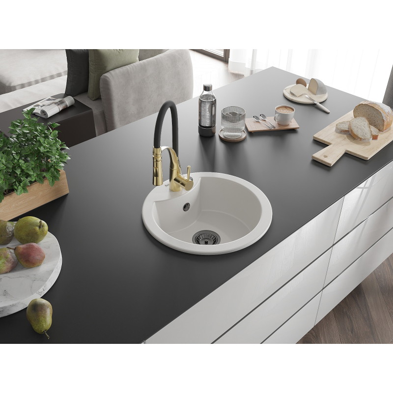 Mexen Diego 1-bowl granite sink with Aster kitchen faucet, white - 6512-20-73450-57-B