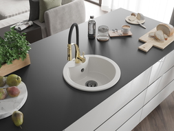 Mexen Diego 1-compartment granite sink with a kitchen mixer tap Aster, White - 6512-20-73450-57-B