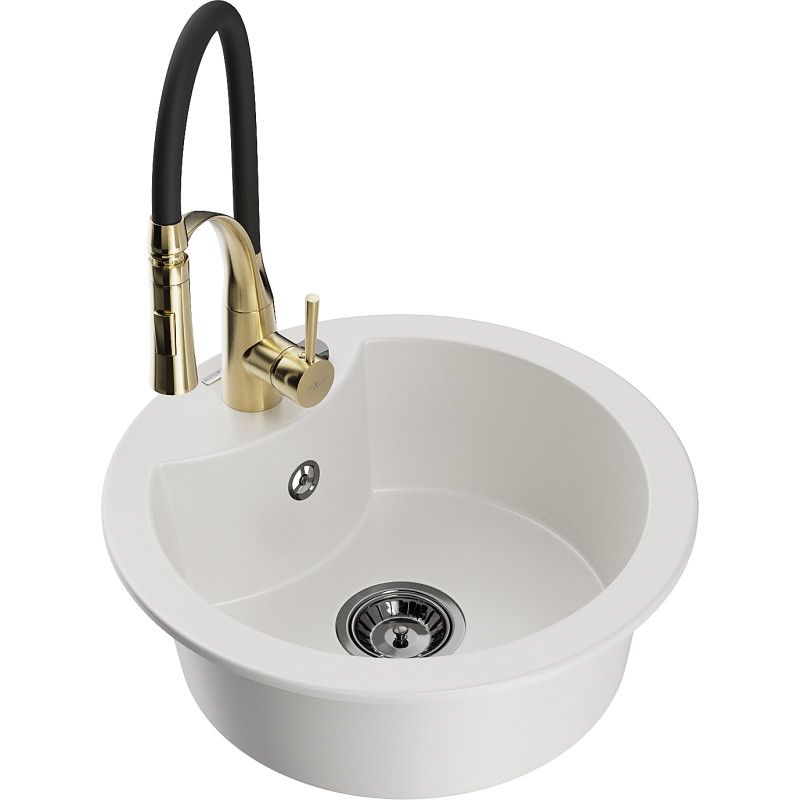 Mexen Diego 1-bowl granite sink with Aster kitchen faucet, white - 6512-20-73450-57-B