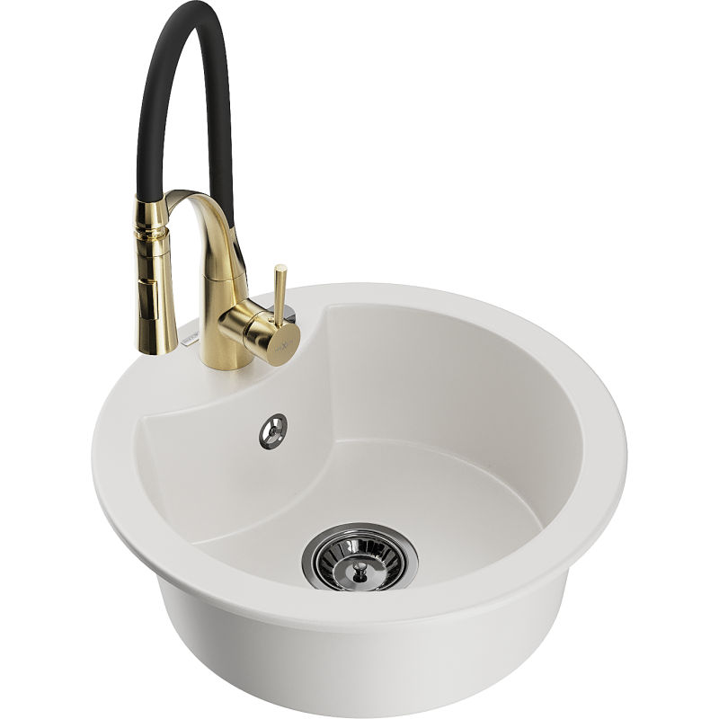 Mexen Diego 1-compartment granite sink with a kitchen mixer tap Aster, White - 6512-20-73450-57-B