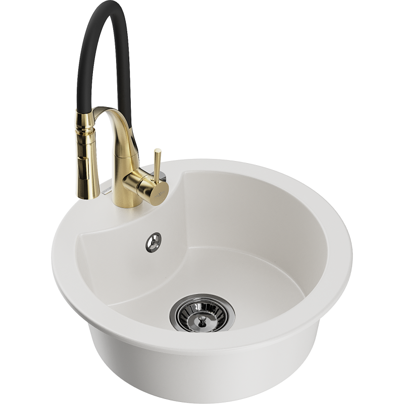 Mexen Diego one-bowl granite sink with Aster kitchen tap, white - 6512-20-73450-57-B