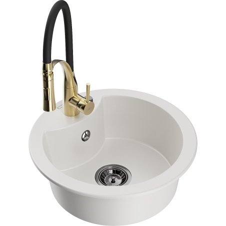 Mexen Diego granite sink 1-bowl with Aster kitchen faucet, white - 6512-20-73450-57-B