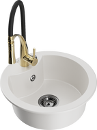 Mexen Diego granite sink 1-bowl with Aster kitchen faucet, white - 6512-20-73450-57-B