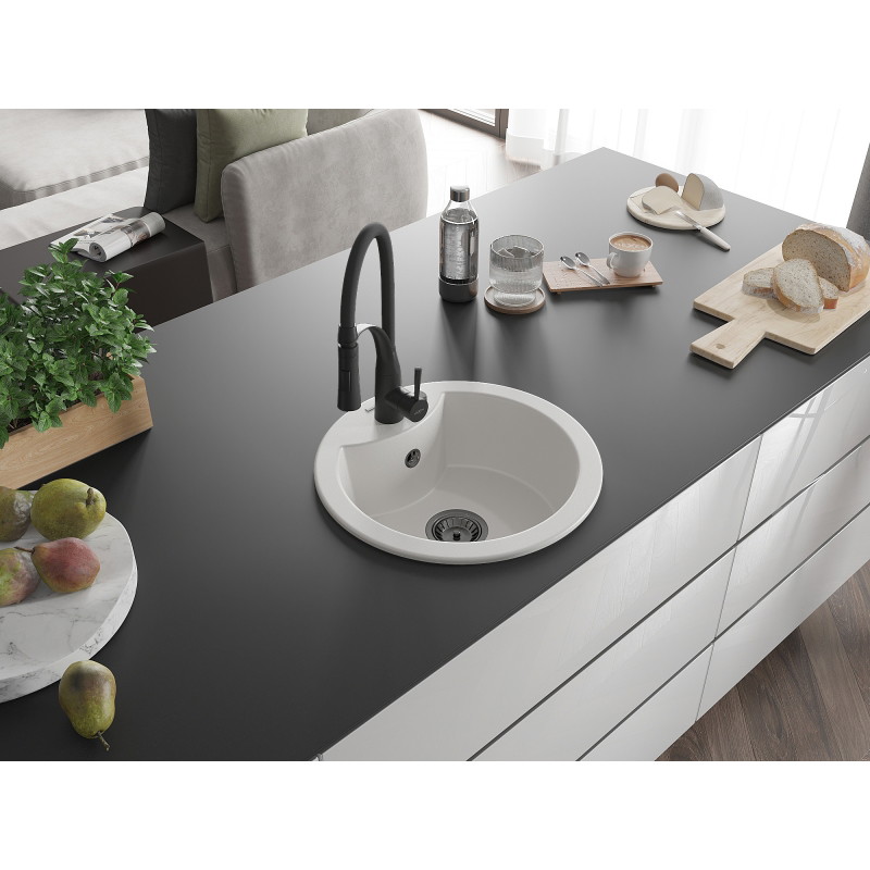 Mexen Diego 1-bowl granite sink with Aster kitchen faucet, white - 6512-20-73450-70-B