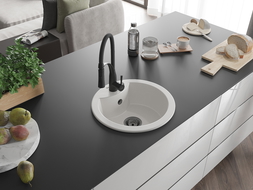 Mexen Diego single-bowl granite sink with Aster kitchen tap, white - 6512-20-73450-70-B