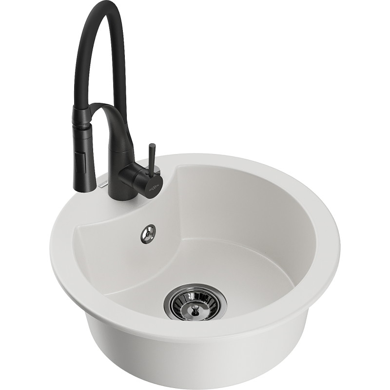 Mexen Diego 1-bowl granite kitchen sink with Aster kitchen faucet, white - 6512-20-73450-70-B