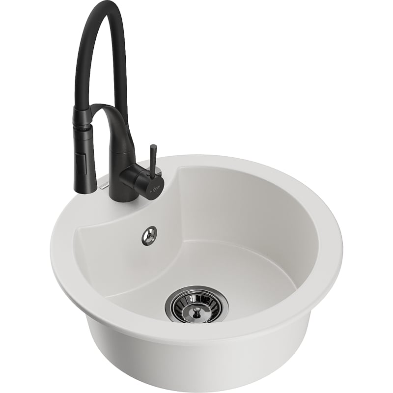 Mexen Diego 1-bowl granite sink with Aster kitchen faucet, white - 6512-20-73450-70-B