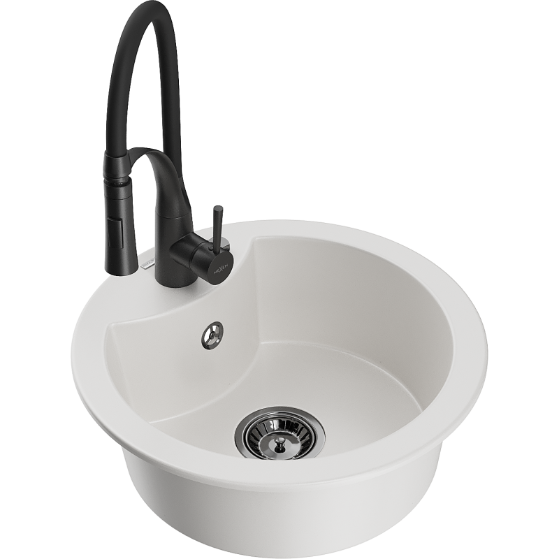 Mexen Diego single-bowl granite sink with Aster kitchen tap, white - 6512-20-73450-70-B