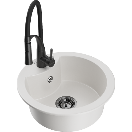 Mexen Diego 1-bowl granite sink with Aster kitchen faucet, white - 6512-20-73450-70-B