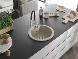 Mexen Diego 1-bowl granite sink with Aster kitchen faucet, beige - 6512-69-73450-07