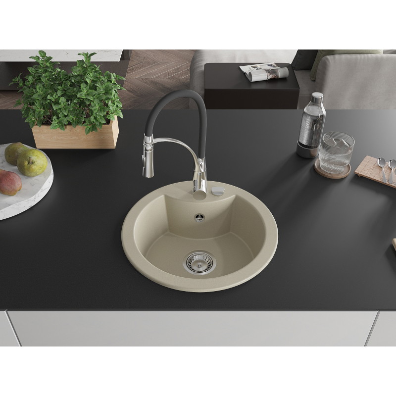 Mexen Diego 1-bowl granite sink with Aster kitchen faucet, beige - 6512-69-73450-07