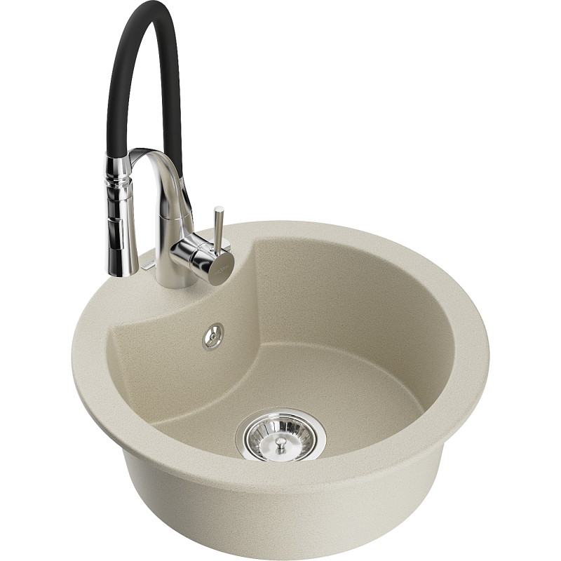 Mexen Diego 1-bowl granite sink with Aster kitchen faucet, beige - 6512-69-73450-07