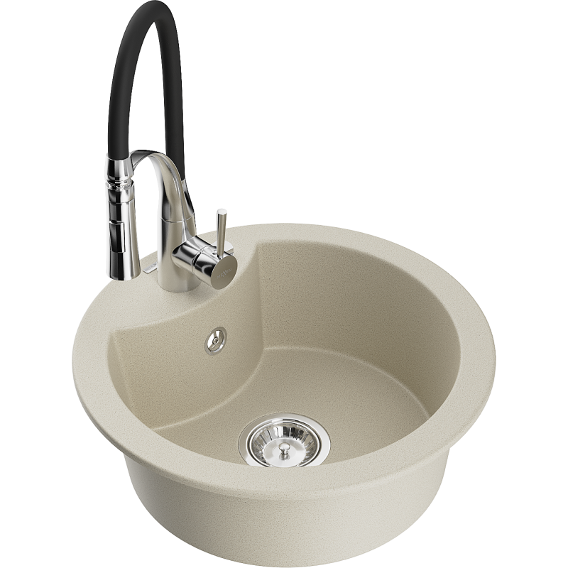 Mexen Diego 1-compartment granite sink with a kitchen mixer tap Aster, Beige - 6512-69-73450-07