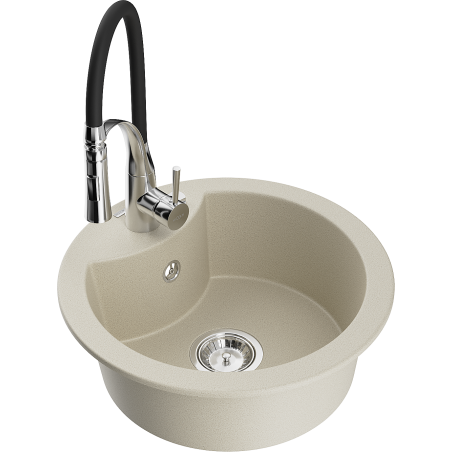 Mexen Diego 1-bowl granite sink with Aster kitchen faucet, beige - 6512-69-73450-07