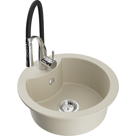 Mexen Diego granite kitchen sink 1-bowl with Aster kitchen faucet, beige - 6512-69-73450-07