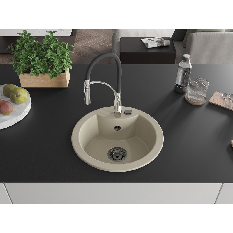 Mexen Diego granite sink 1-bowl with Aster kitchen faucet, beige - 6512-69-73450-07-B