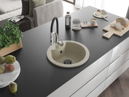 Mexen Diego 1-bowl granite sink with Aster kitchen faucet, beige - 6512-69-73450-07-B