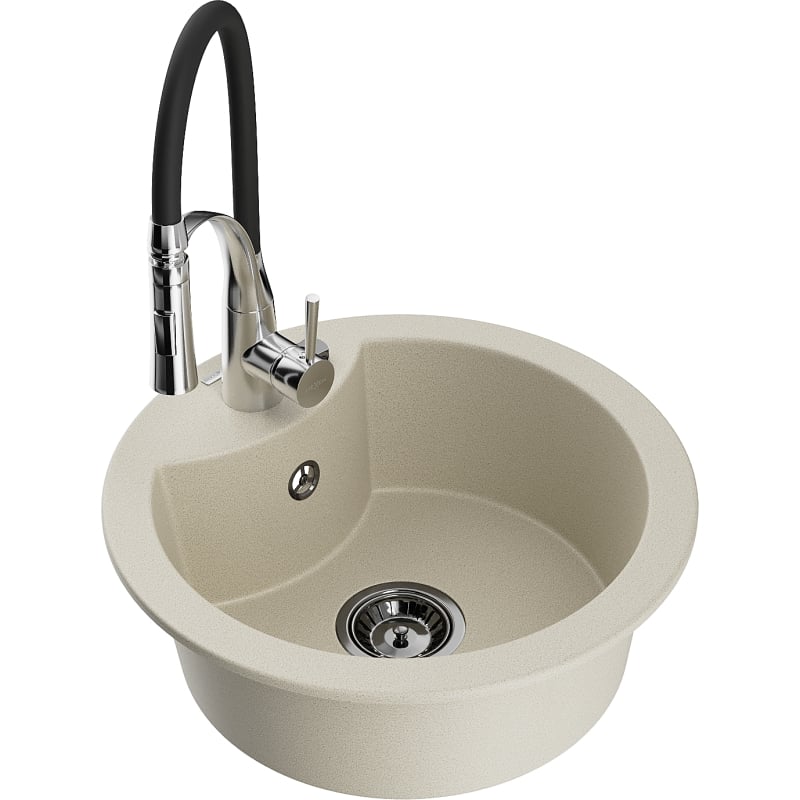 Mexen Diego 1-bowl granite sink with Aster kitchen faucet, beige - 6512-69-73450-07-B